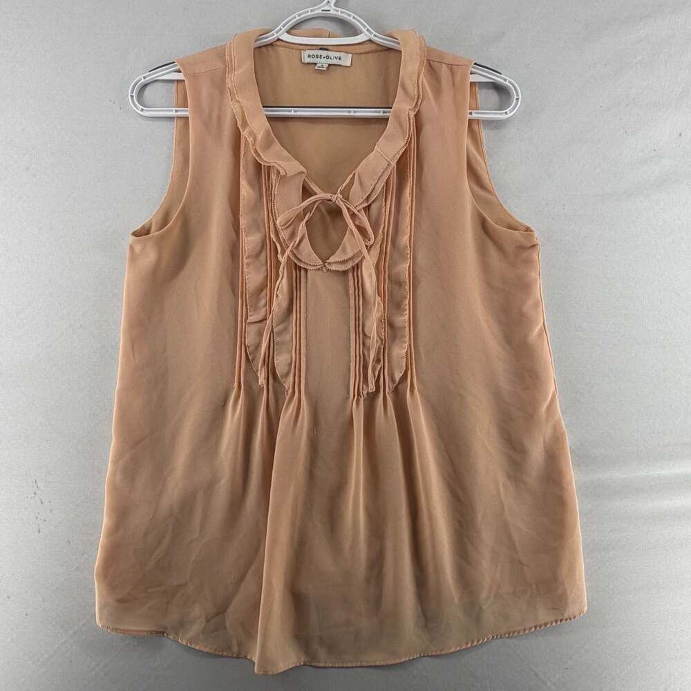 1342 S Rose + Olive Peach Sleeveless Ruffle V-Neck Blouse